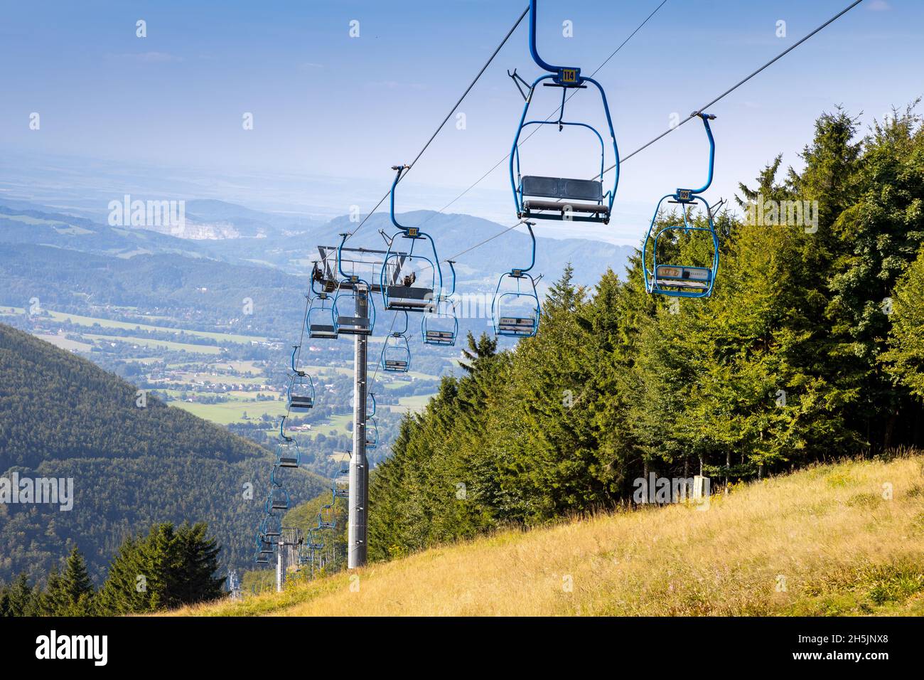 Funivia Lanovka z Trojanovic, Horske stredisko Pustevny, Radhost, Beskydy, Ceska republika / Trojanovice, località di montagna Pustevny, Beskydy, Moravia, Foto Stock