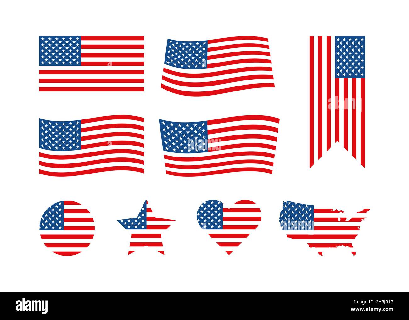 Flag USA Imposta l'icona del vettore isolato in stile piatto. Set di simboli di bandiera nazionale degli stati Uniti d'America. Simbolo americano del prodotto, illustrazione. Foto Stock