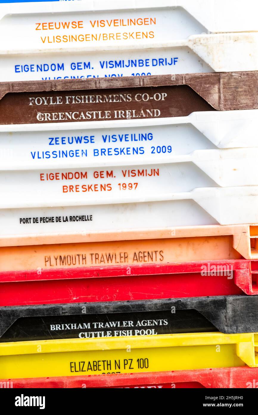 La controversia sulla pesca tra l'UE e il Regno Unito. Impilati insieme, scatole di pesce stampate in inglese e in diverse lingue dell'UE. Porto di Newlyn, Cornovaglia. REGNO UNITO Foto Stock