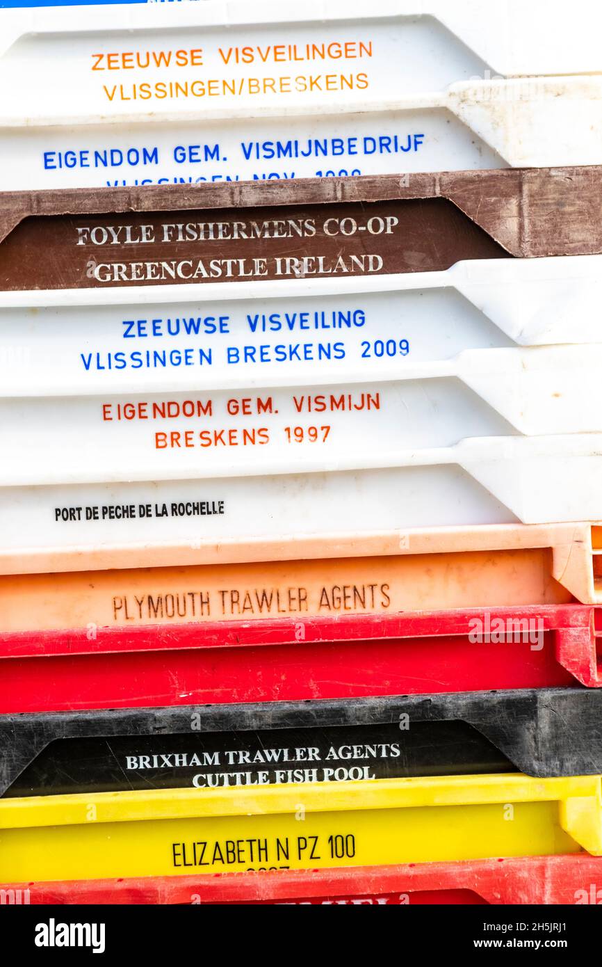La controversia sulla pesca tra l'UE e il Regno Unito. Impilati insieme, scatole di pesce stampate in inglese e in diverse lingue dell'UE. Porto di Newlyn, Cornovaglia. REGNO UNITO Foto Stock