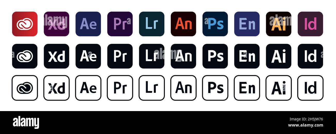 Kiev, Ucraina - 6 novembre 2021: Set di logotipi di prodotti adobe. Vettore editoriale. Illustrazione Vettoriale