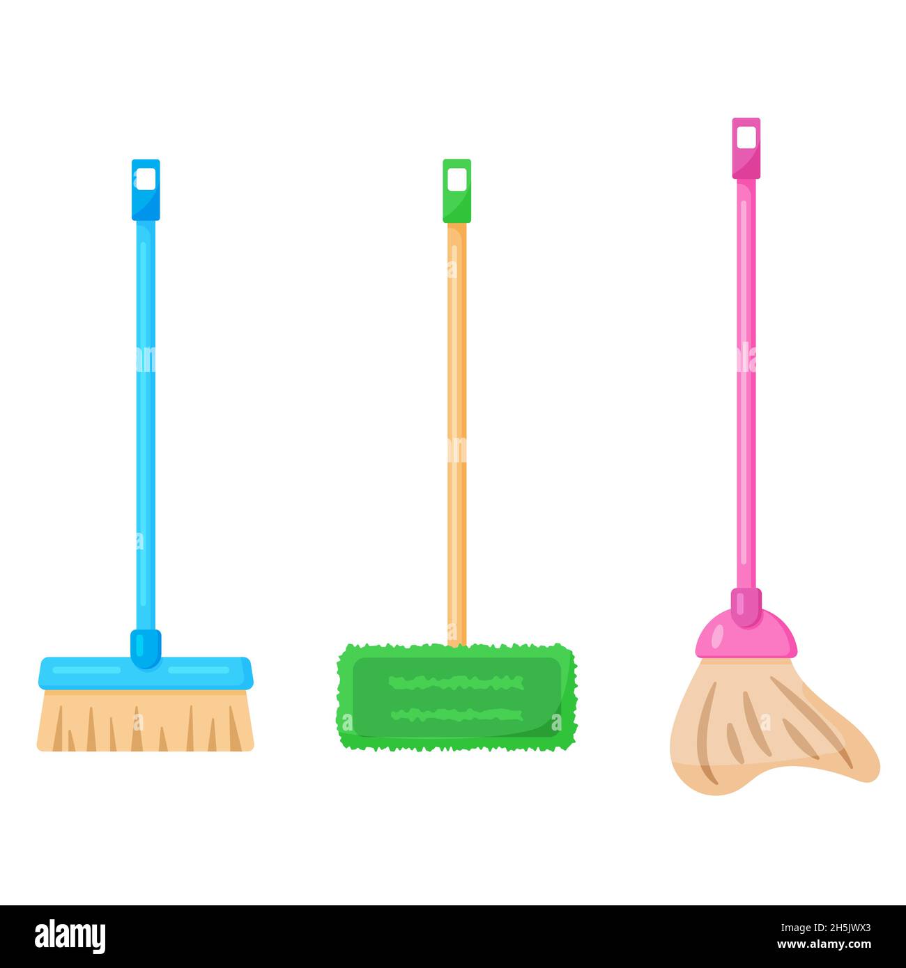 Set di 3 mop casalinghi, scopa per la pulizia della casa. Igiene, lavaggio o attrezzatura domestica. Illustrazione vettoriale in stile cartoon flat. Servizi di pulizia Illustrazione Vettoriale