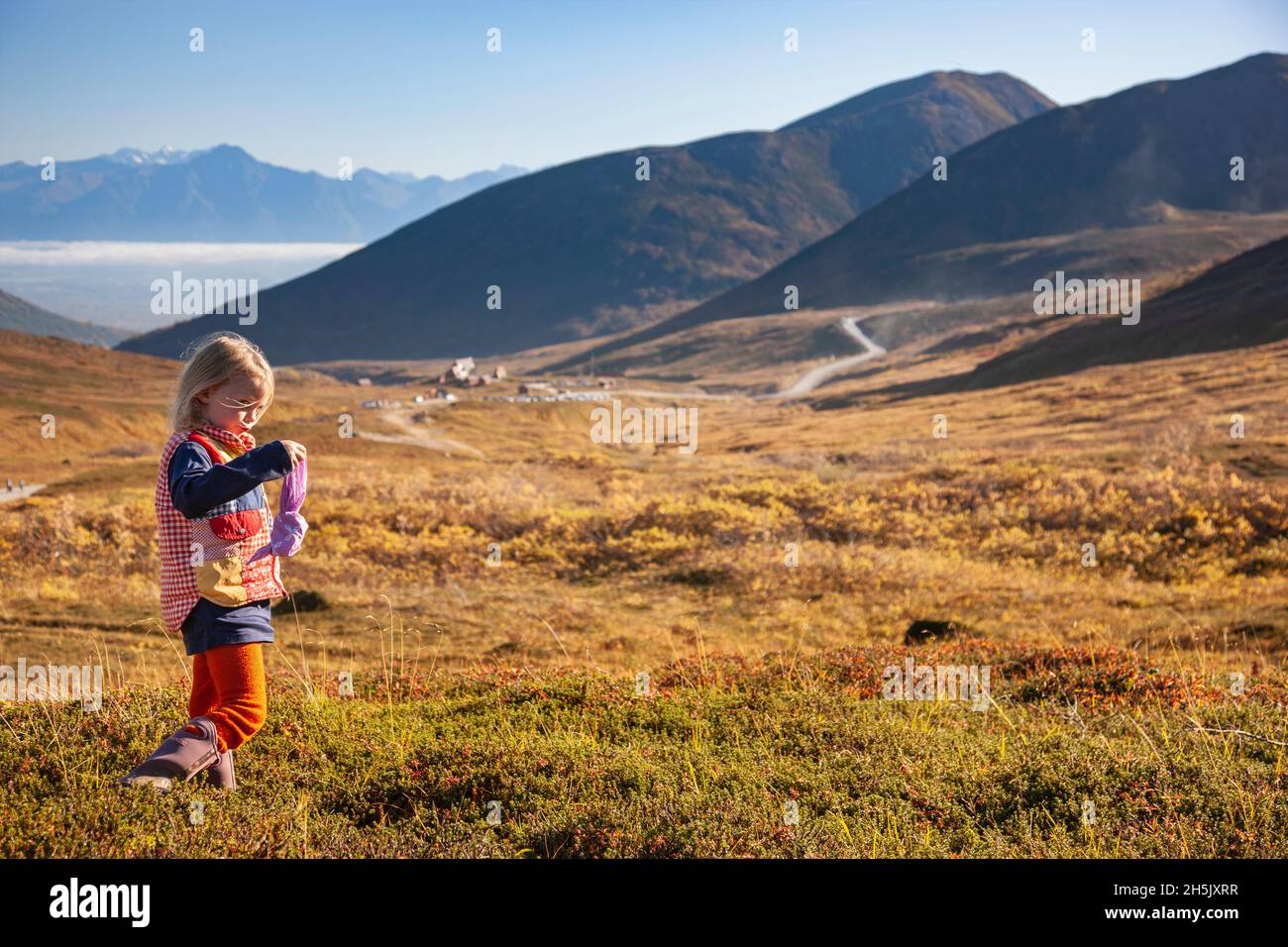 Una giovane ragazza caucasica che indossa un giubbotto multicolore cammina sulla tundra durante un'escursione a Hatcher Pass state Recreation Area, Hatcher Pass Lodge... Foto Stock