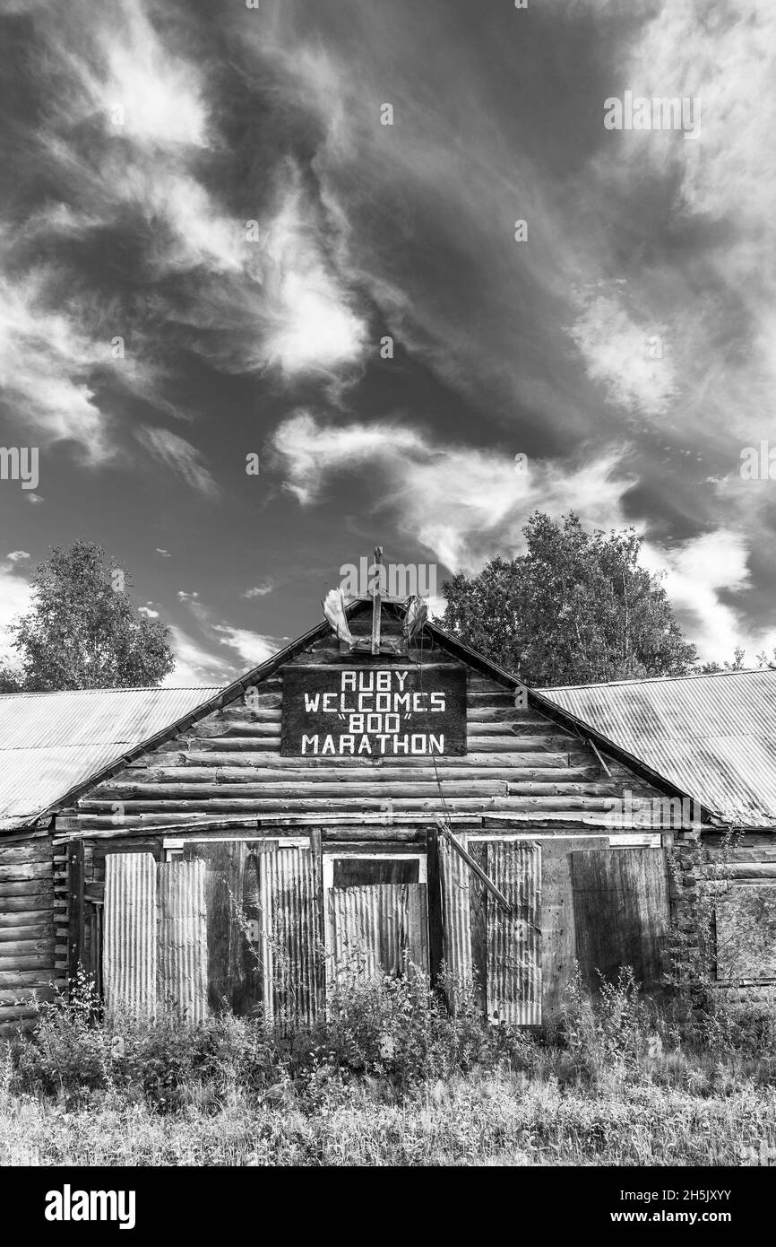 Un segno per la 'Ruby accoglie 800 Marathon' è esposto su una vecchia cabina di tronchi in estate, Ruby, interno Alaska, USA Foto Stock