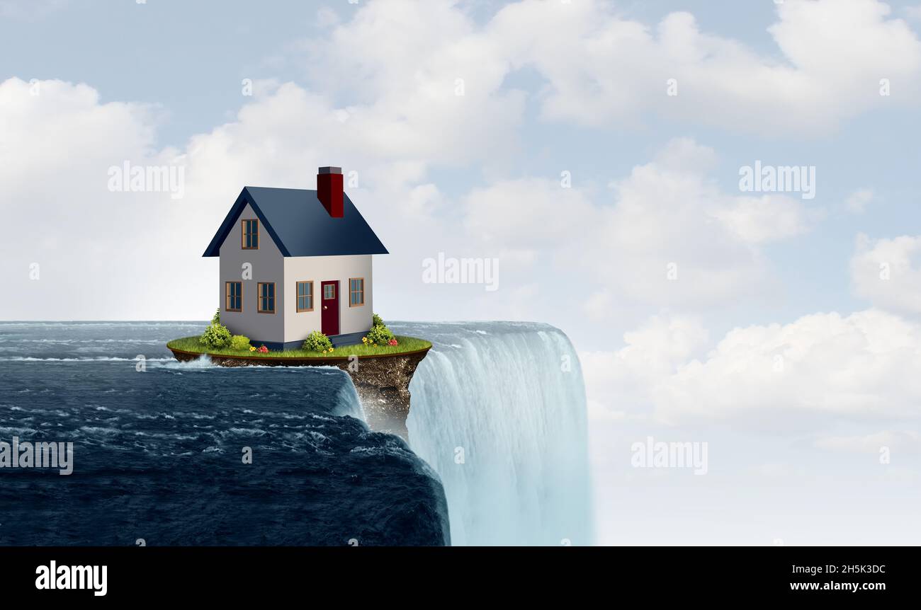 La sfida immobiliare e il rischio di proprietà come simbolo di casa che vive fuori dalla griglia o che rappresenta assicurazione o pericolo di inondazione e proprietà di fronte al mare. Foto Stock