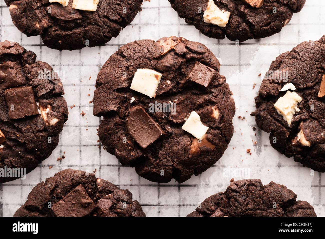 posare i biscotti con scaglie di cioccolato fondente su un vassoio di raffreddamento Foto Stock