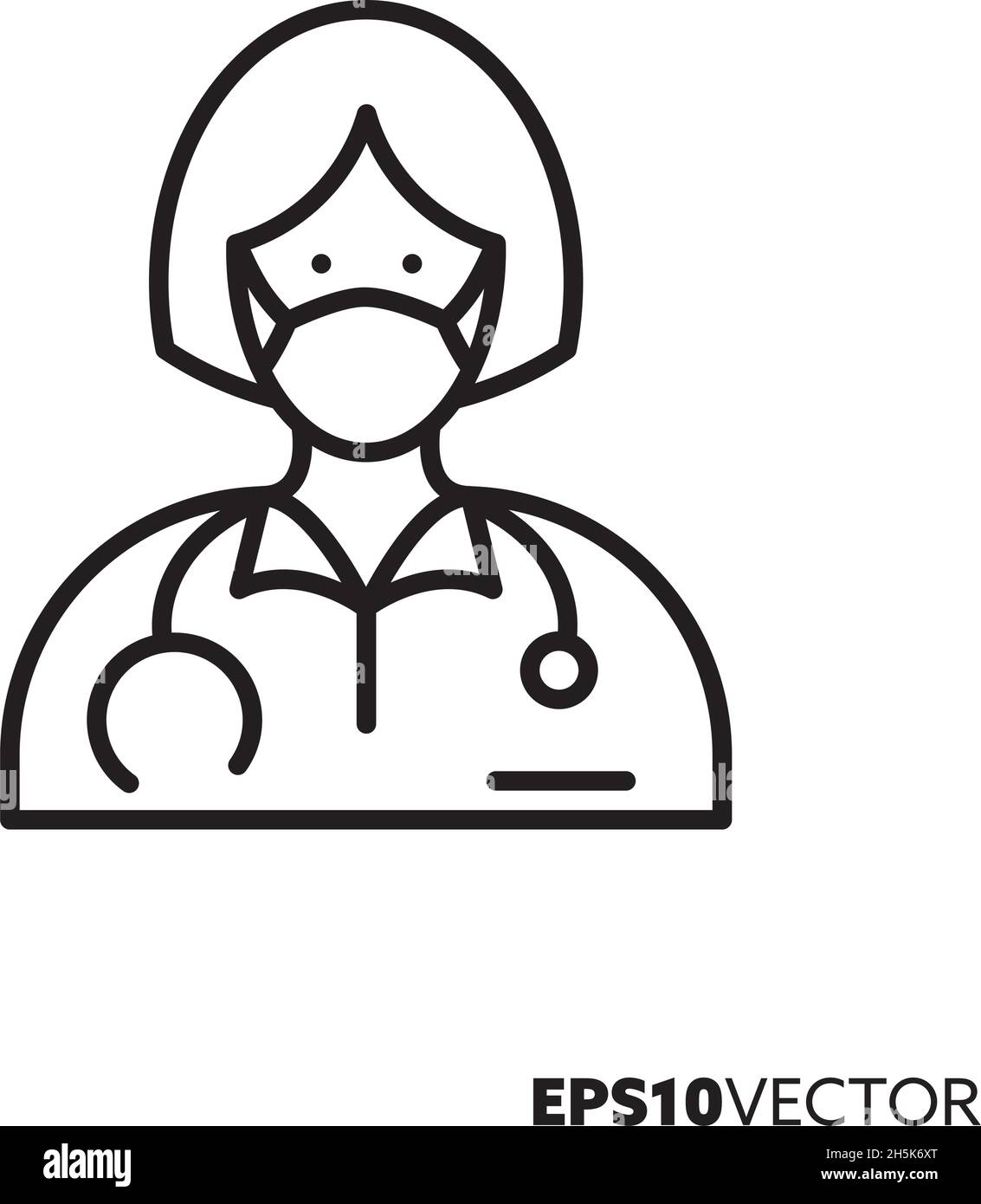 Medico femminile con maschera chirurgica icona linea. Profilo simbolo della donna che lavora in assistenza sanitaria. Professione medica, protezione antivirus e igiene concetto f Illustrazione Vettoriale