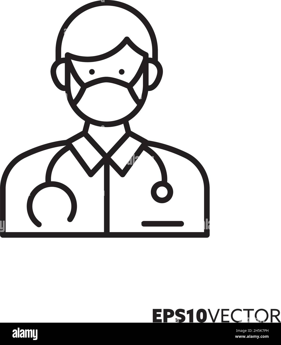 Medico maschile con maschera chirurgica icona linea. Simbolo del profilo dell'uomo che lavora nell'assistenza sanitaria. Professione medica, protezione dai virus e concetto di igiene piatto Illustrazione Vettoriale