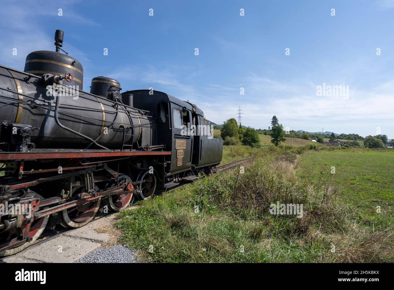 Treno a vapore che passa attraverso la Transilvania rurale, Romania; Transilvania, Romania Foto Stock