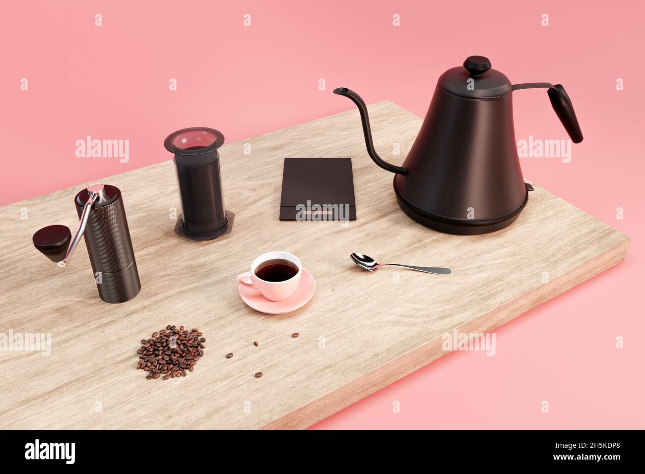 Chicchi di caffè e utensili su sfondo rosa dello studio Foto Stock