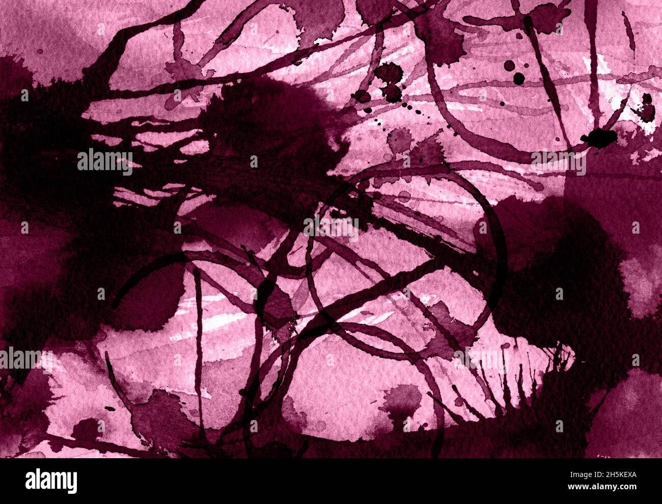 Sfondo rosso vino con macchie di cerchi di bicchieri da vino. Sfondo acquerello astratto. Dipinto a mano. Colore Bordeaux. Foto Stock