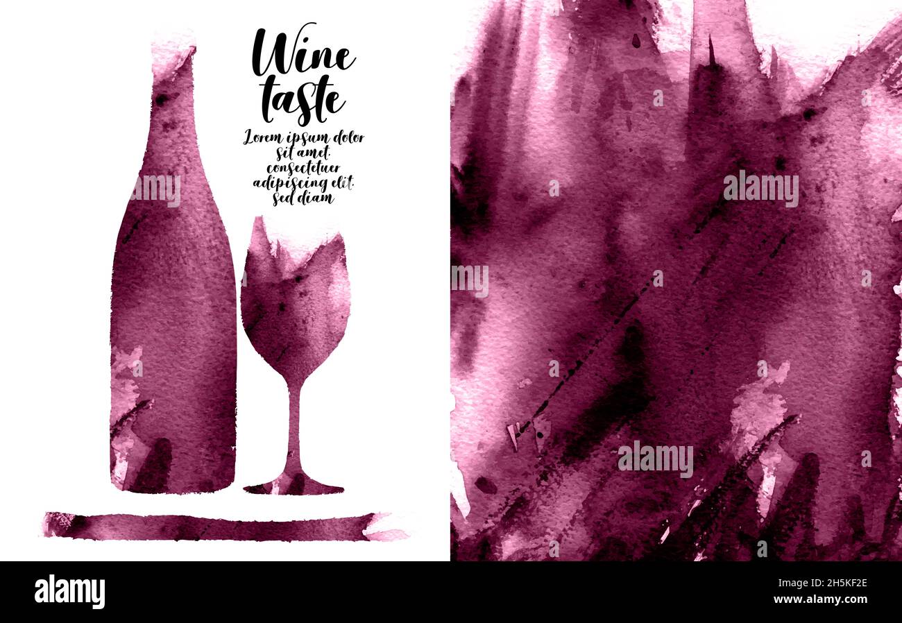 Illustrazione di bottiglia e bicchiere di vino con spazzola acquerello. Trama di fondo e colore del vino rosso. Disegno artistico del vino. Vettore Foto Stock