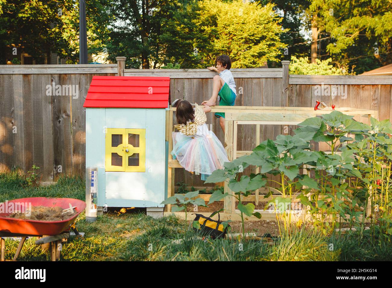In estate due bambini salgono sulla covata di pollo nel giardino sul cortile Foto Stock