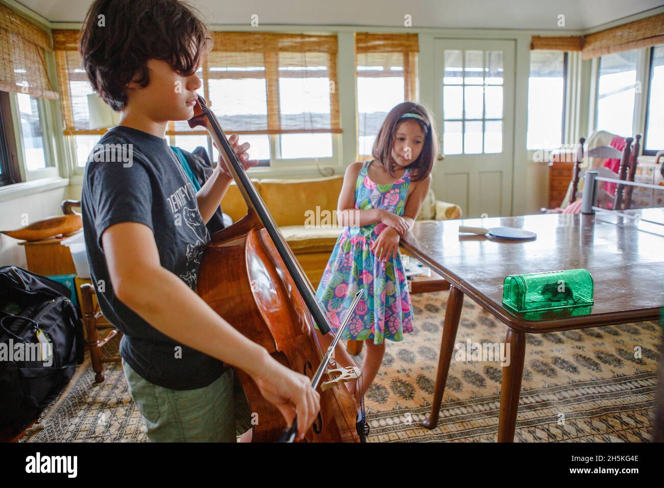 Un ragazzo dà un concerto di violoncello al piccolo mouse in scatola mentre la sorella guarda Foto Stock