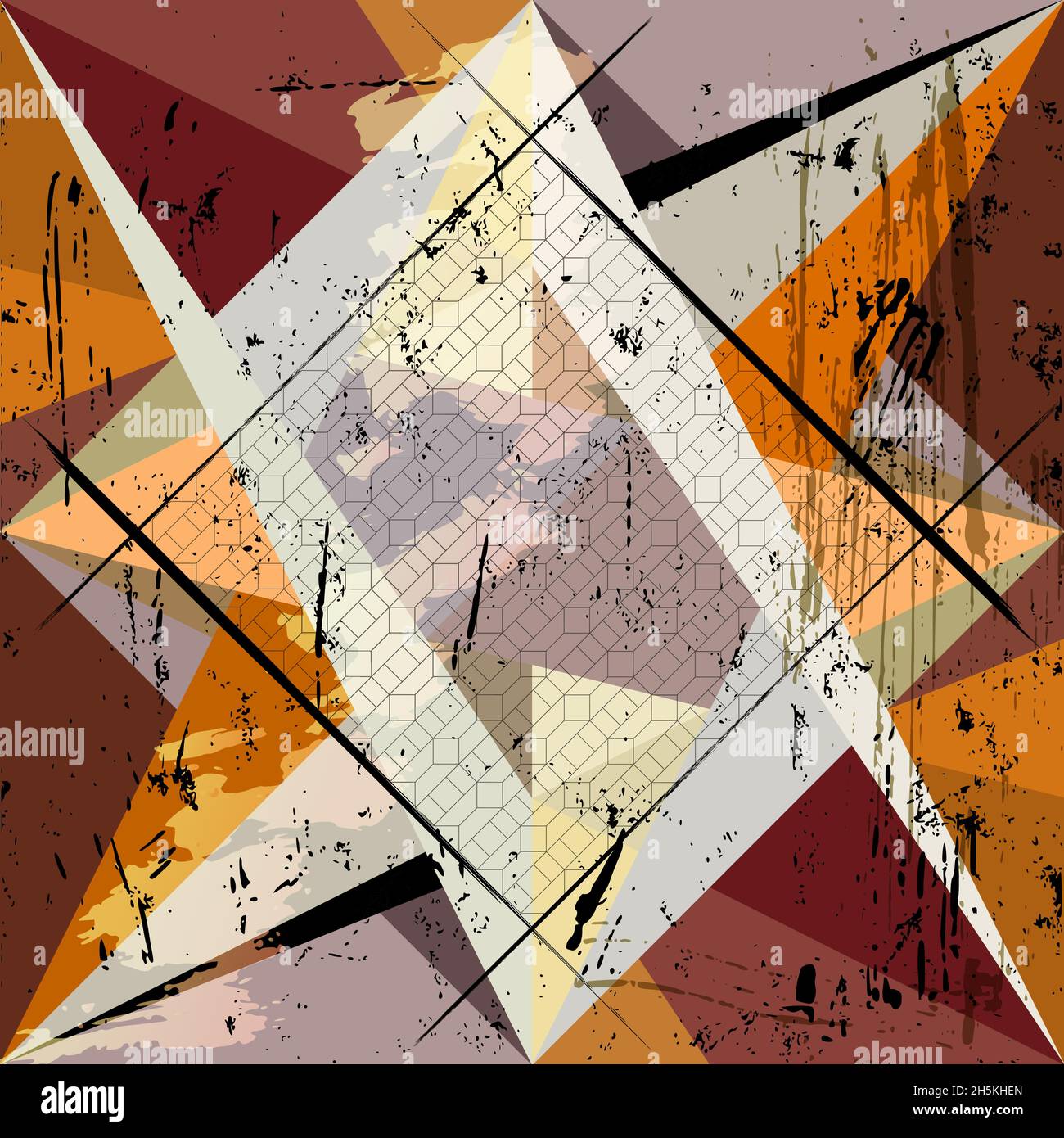 disegno di sfondo geometrico astratto, con triangoli, quadrati, tratti di vernice e schizzi Illustrazione Vettoriale