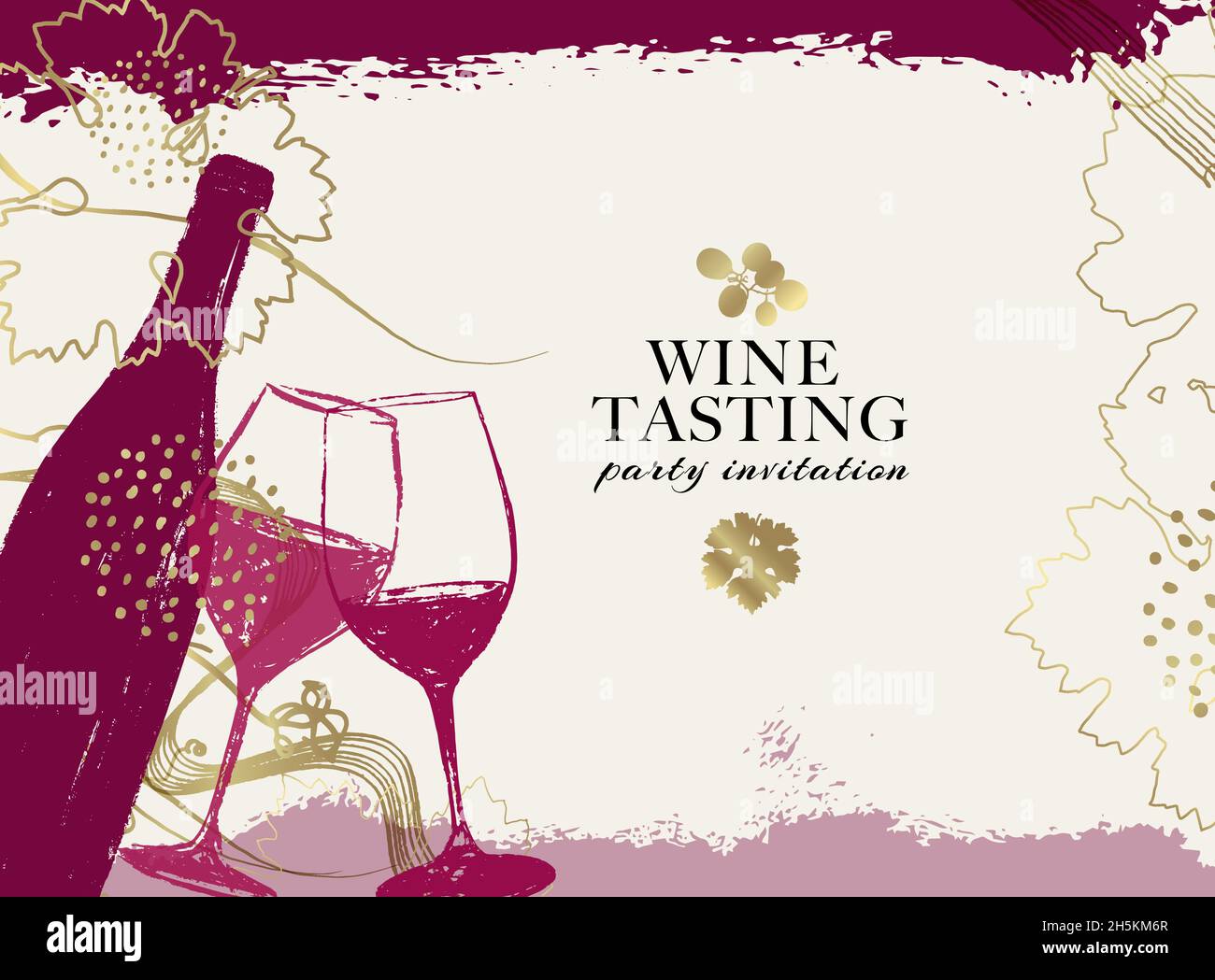 Elegante design con sfondo vinicolo. Vetro e bottiglia da vino con illustrazione moderna e dettagli dorati. Background elegante per eventi, promozioni, feste, ann Illustrazione Vettoriale