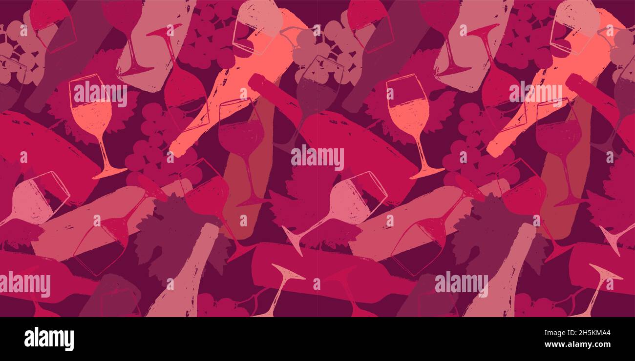 illustrazione di sfondo per i disegni dei vini. Disegno fatto a mano di bicchieri, bottiglie, uva e foglia di vite. Colore vino rosso. Sfondo per banner Web, Illustrazione Vettoriale