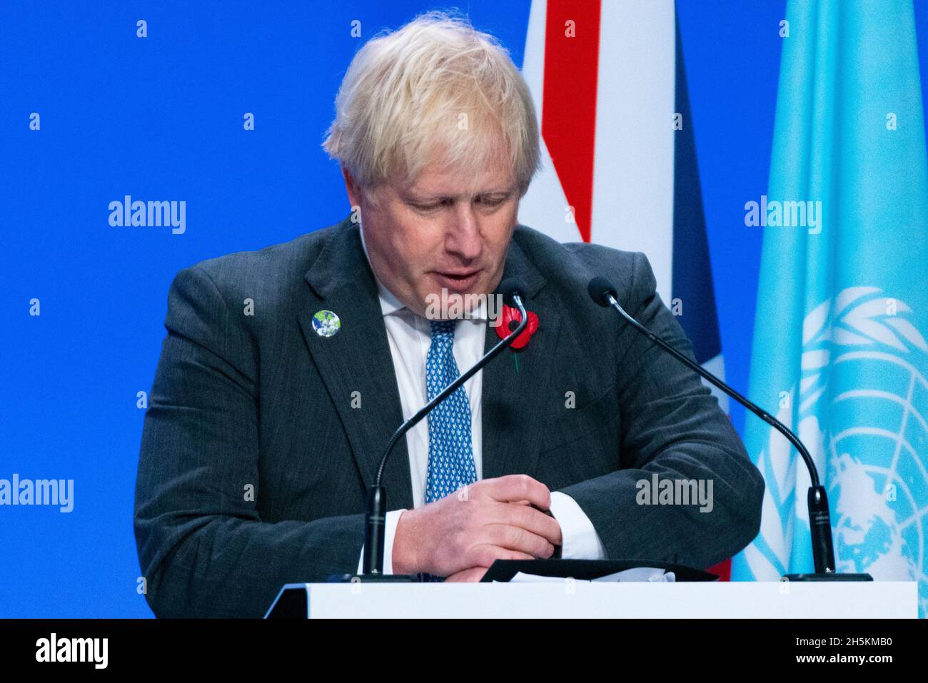 Glasgow, Scozia, Regno Unito. 10 novembre 2021. Il giorno 11 del vertice sul clima e il primo ministro Boris Johnson parlano ai media britannici in una conferenza stampa. Iain Masterton/Alamy Live News. Foto Stock