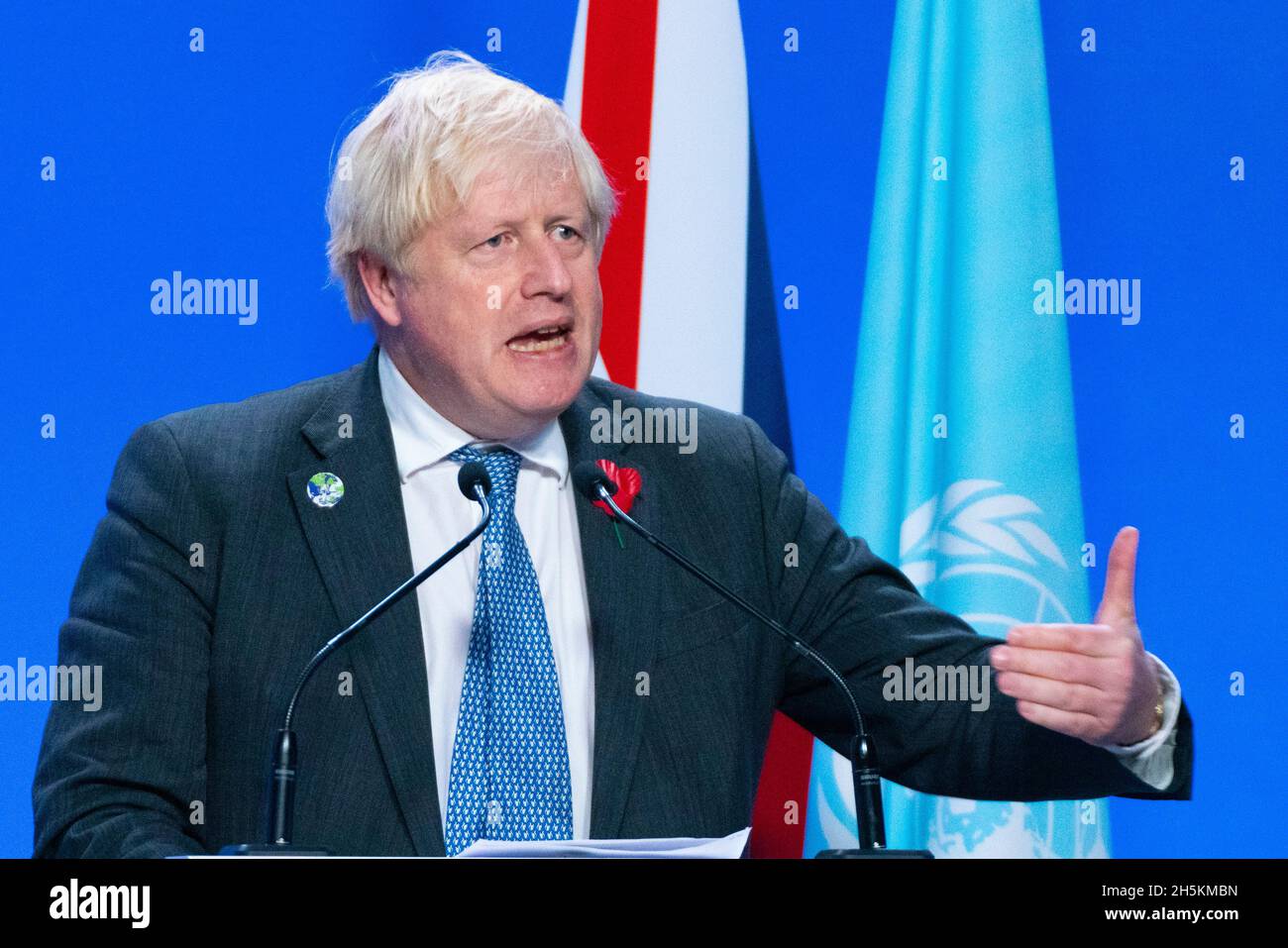 Glasgow, Scozia, Regno Unito. 10 novembre 2021. Il giorno 11 del vertice sul clima e il primo ministro Boris Johnson parlano ai media britannici in una conferenza stampa. Iain Masterton/Alamy Live News. Foto Stock