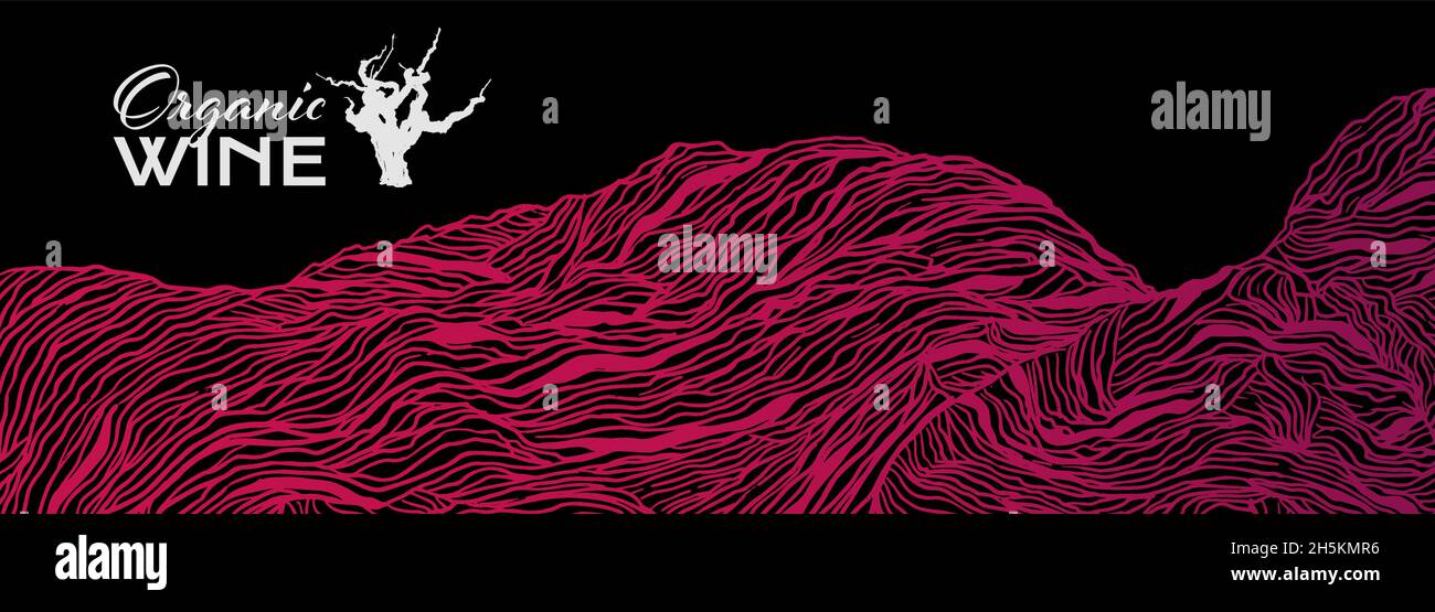 illustrazione di sfondo con linee di grumo dell'uva. Silhouette vinica. Disegno per etichette vino, design catalogo, banner web di sfondo, menù, brochu Illustrazione Vettoriale