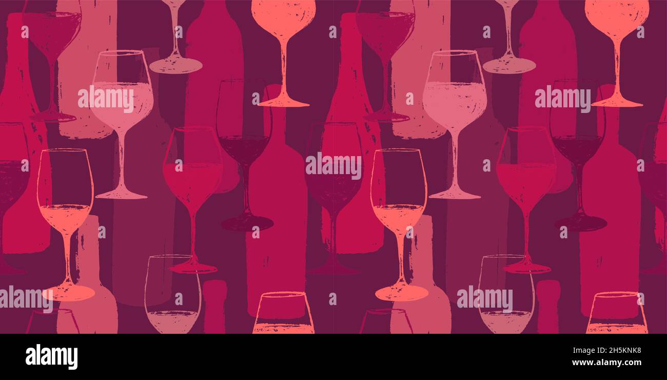 Motivo di sfondo senza giunture. Bicchieri da vino e bottiglie disegnati a mano. Sfondo per decorazione di indumenti tessili, confezionamento, web design, spilla Illustrazione Vettoriale