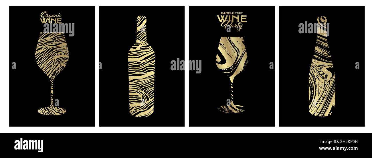 Set di modelli con vetro per vino e illustrazione delle bottiglie. Texture di fondo creativa e artistica con linee che simulano la pelle di un'uva Illustrazione Vettoriale