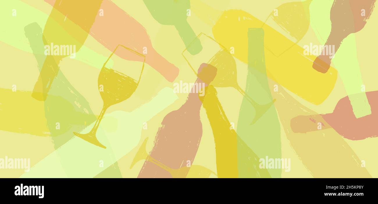 illustrazione di sfondo per i disegni dei vini. Disegno fatto a mano di bicchieri e bottiglie di vino. Colore del vino bianco. Sfondo per banner Web, sfondi, copertina Illustrazione Vettoriale