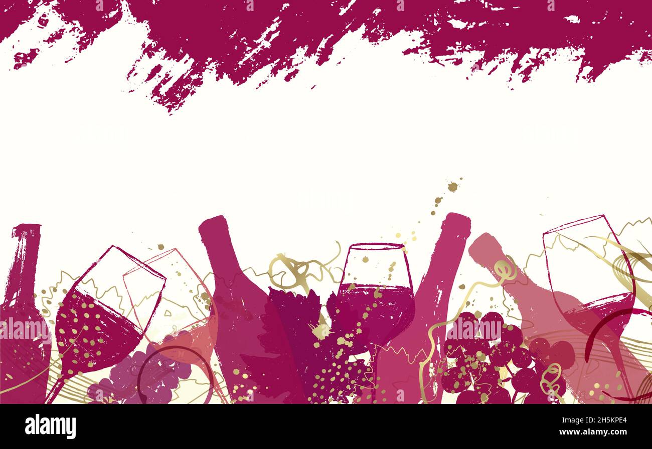 Elegante design con sfondo vinicolo. Striscione largo con illustrazione di bottiglie e bicchieri di vino e dettagli dorati. Sfondo elegante per la promozione della parte Illustrazione Vettoriale