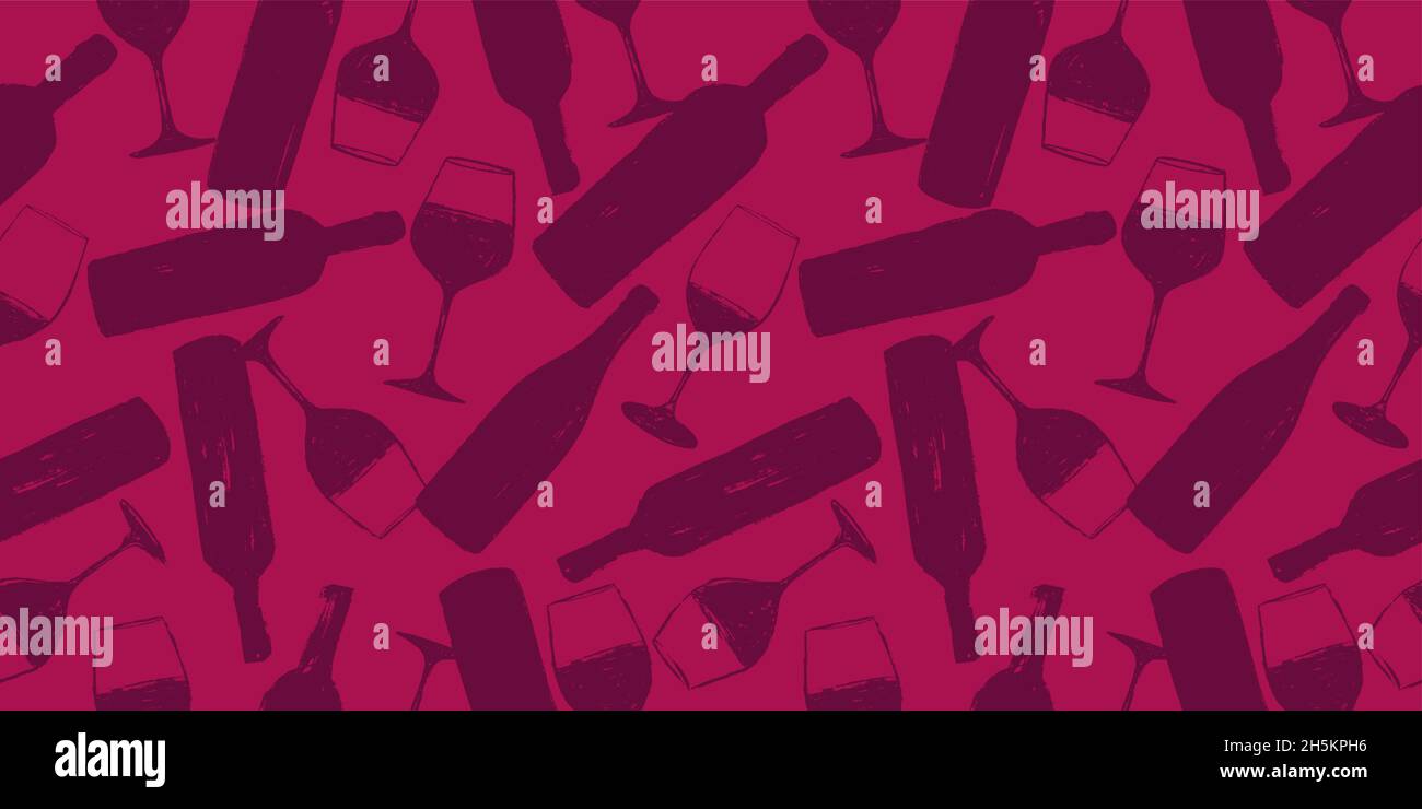 Motivo di sfondo senza giunture. Bicchieri da vino e bottiglie disegnati a mano. Sfondo per decorazione di indumenti tessili, confezionamento, web design, spilla Illustrazione Vettoriale