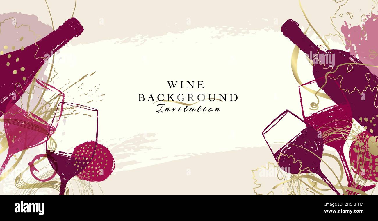 Elegante design con sfondo vinicolo. Vetro e bottiglia da vino con illustrazione moderna e dettagli dorati. Background elegante per eventi, promozioni, feste, ann Illustrazione Vettoriale