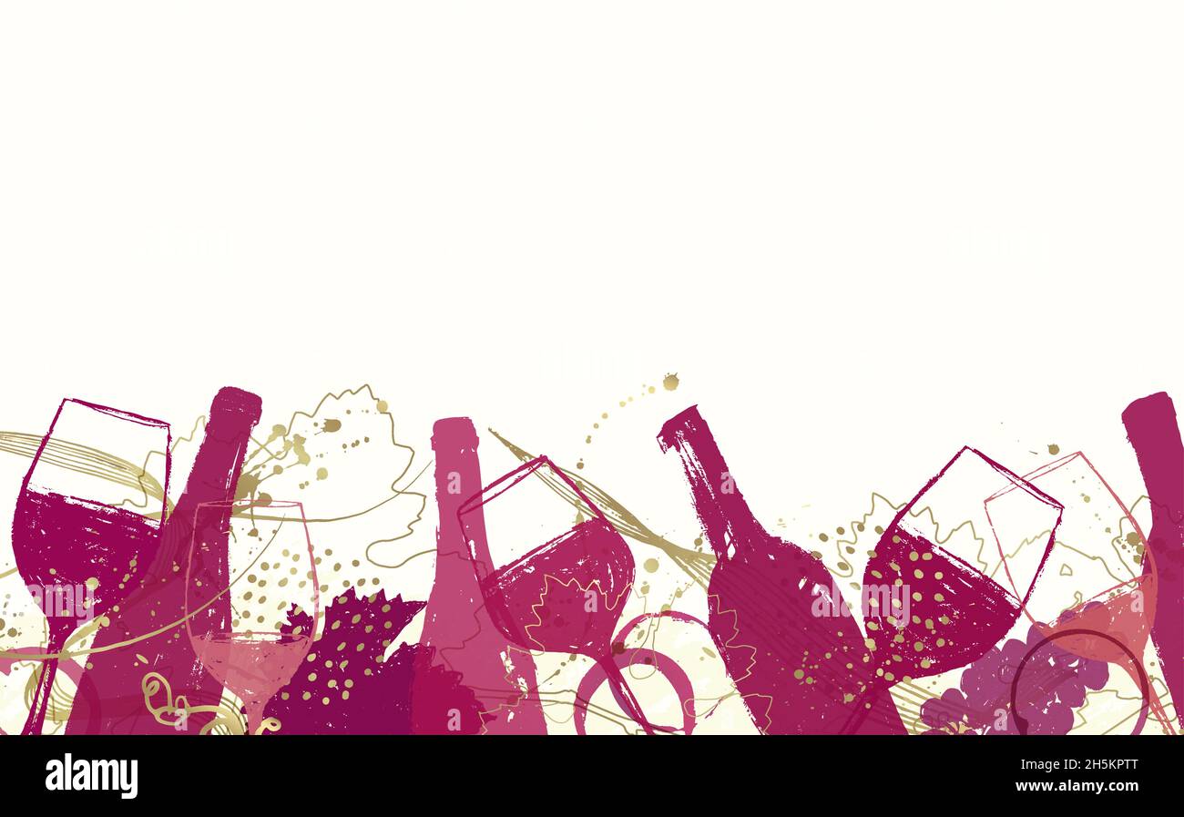 Elegante design con sfondo vinicolo. Striscione largo con illustrazione di bottiglie e bicchieri di vino e dettagli dorati. Sfondo elegante per la promozione della parte Illustrazione Vettoriale