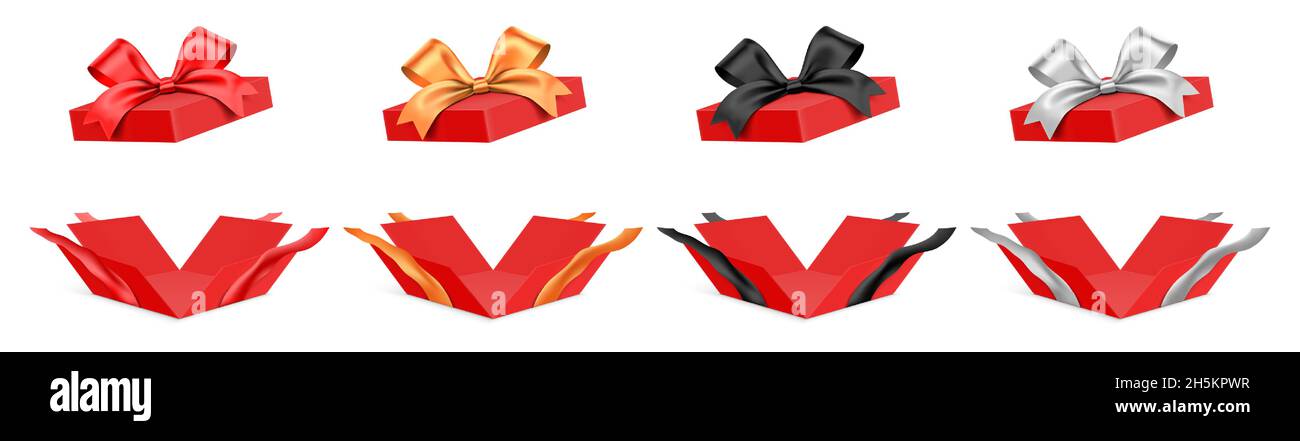 Set vettoriale di confezioni regalo rosse aperte con nastri di colore diverso, isolate su sfondo bianco. Illustrazione Vettoriale