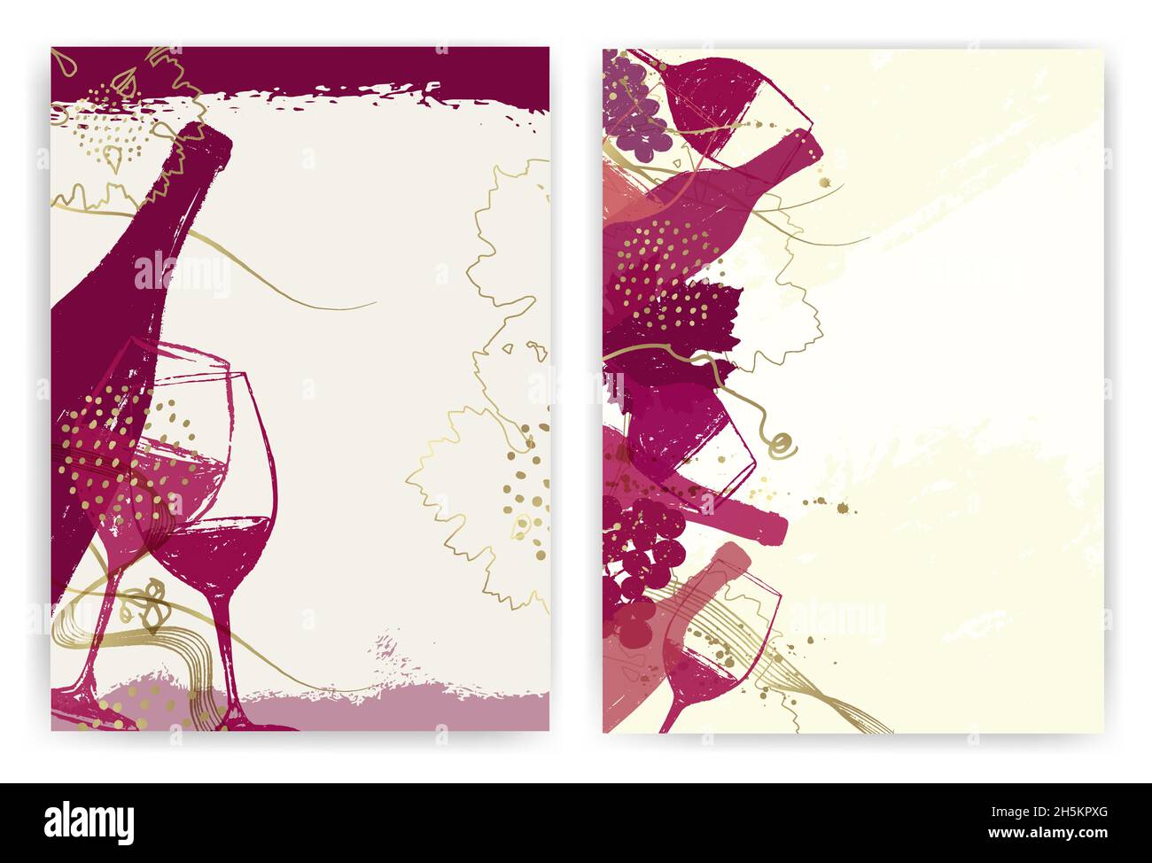 Elegante design con sfondo vinicolo. Vetro e bottiglia da vino con illustrazione moderna e dettagli dorati. Background elegante per eventi, promozioni, feste, ann Illustrazione Vettoriale