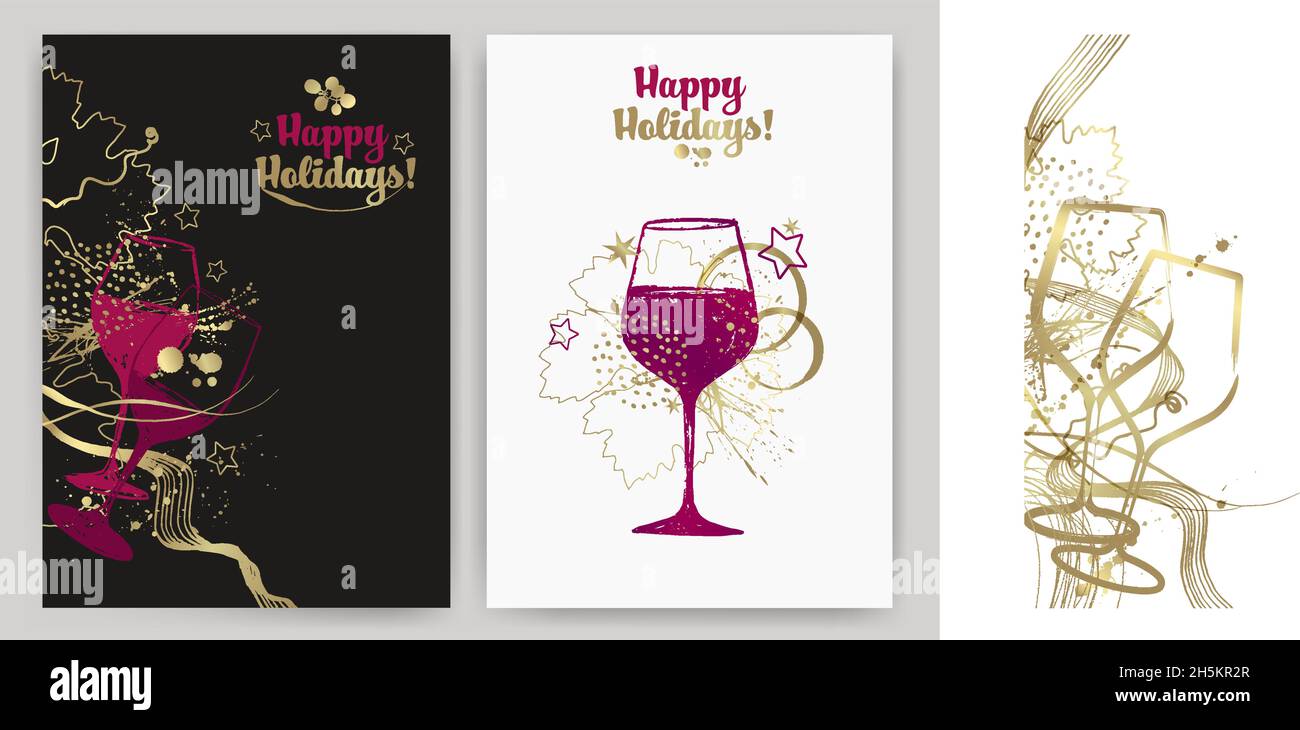 set di disegni di vini con illustrazione di vetro da vino e forme ornamentali. Sfondo elegante per promozioni ed eventi enologici, cartoline di Natale, toast a Illustrazione Vettoriale