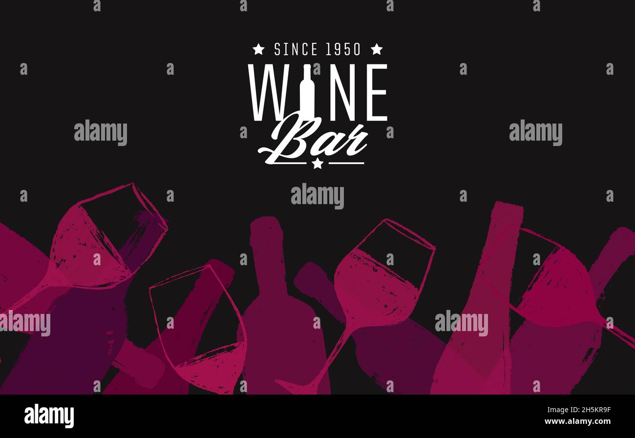 illustrazione di sfondo per i disegni dei vini. Disegno fatto a mano di bicchieri e bottiglie di vino. Colore rosso e rosato. Sfondo per banner Web, backdrop Illustrazione Vettoriale