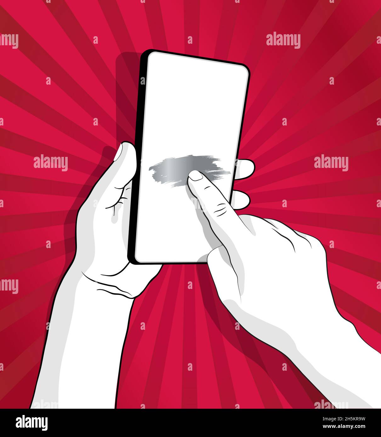 Mano raccogliendo il mobile e con l'altra mano giocando gratta e vinci carte sullo schermo. Idea per la promozione del gioco d'azzardo online. Sfondo rosso. Vettore e. Illustrazione Vettoriale