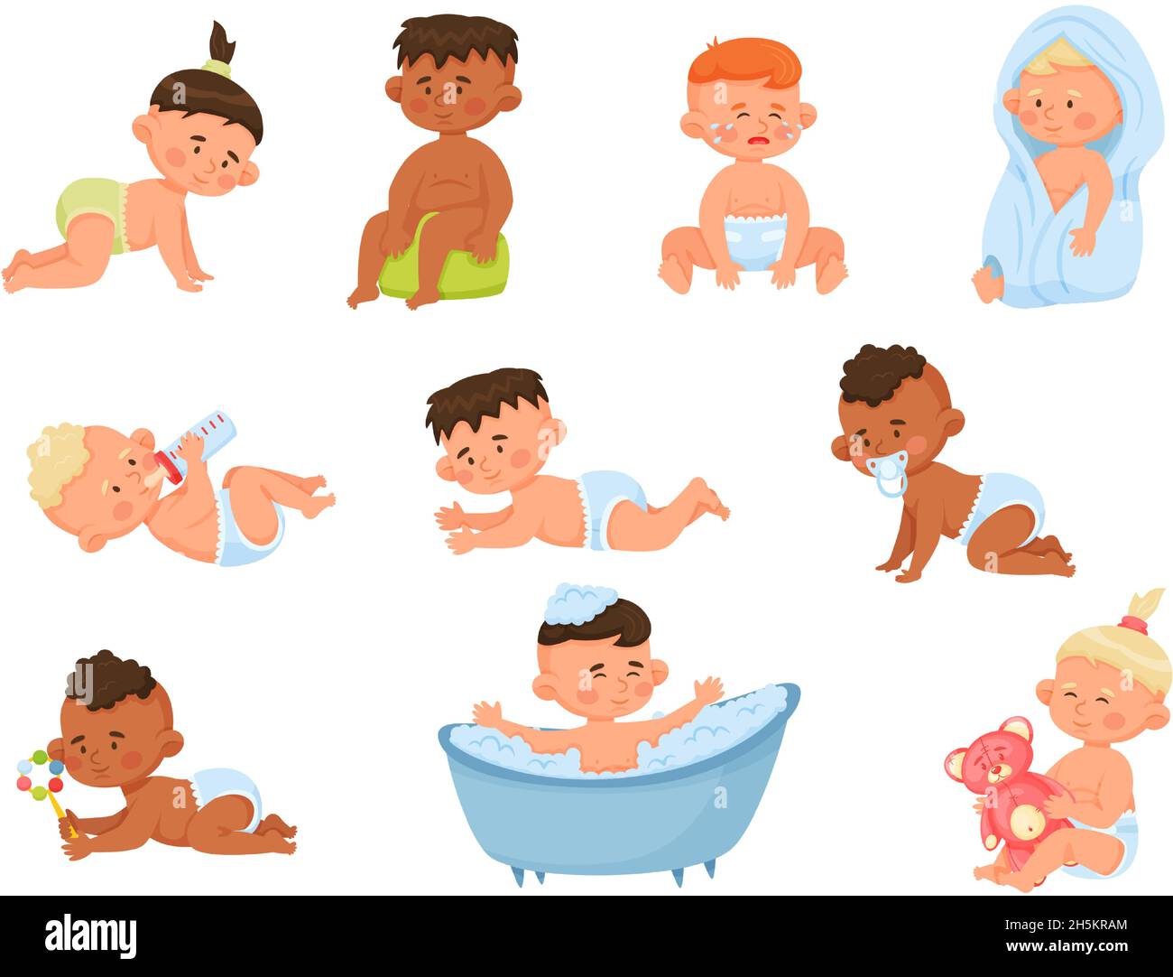 Bambini cartoni animati, neonati o bimbi piccoli, ragazzi e ragazze carine.  Buon neonato piangere, il bagno del toddler o giocare con i giocattoli  vettore set. Bambino che beve latte in bottiglia e