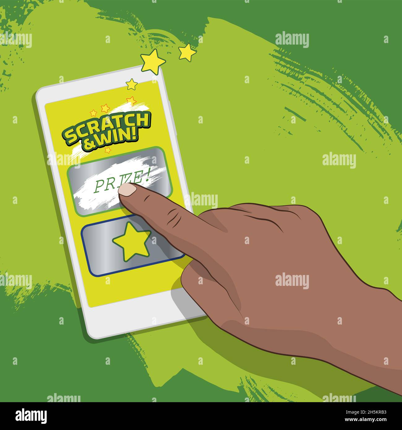 Mano raccogliendo il mobile e con l'altra mano giocando gratta e vinci carte sullo schermo. Idea per la promozione del gioco d'azzardo online. Effetto scratch blu backgr Illustrazione Vettoriale