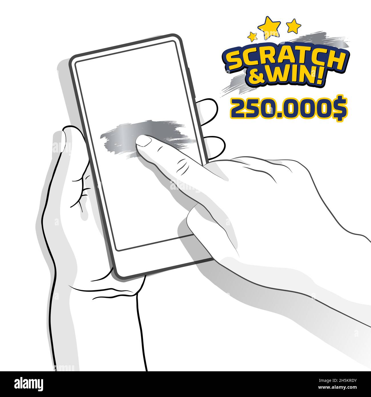 Mano raccogliendo il mobile e con l'altra mano giocando gratta e vinci carte sullo schermo. Idea per la promozione del gioco d'azzardo online. Illustrazione e col. Bianco Illustrazione Vettoriale