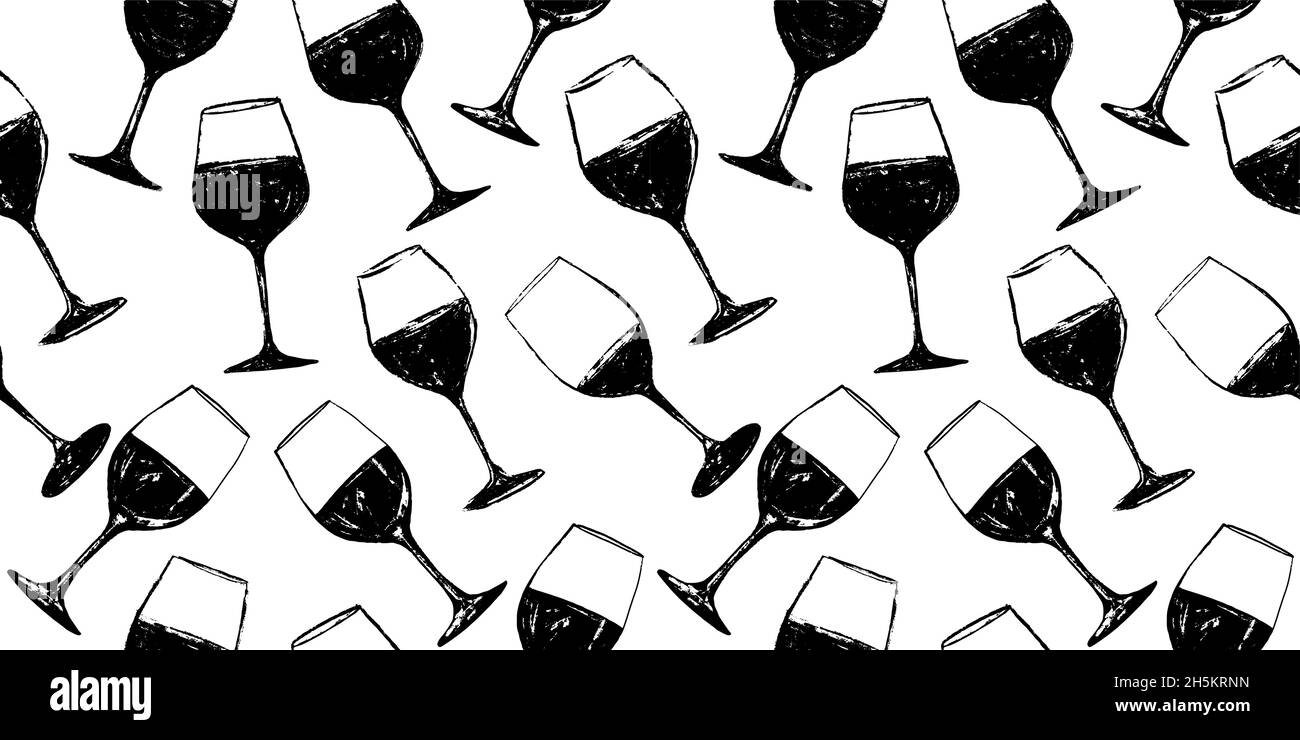 Motivo di sfondo senza giunture. Modello di bicchieri da vino disegnati a mano. Sfondo per la decorazione di tessuti, tessuti, imballaggi, web design, brochure Illustrazione Vettoriale