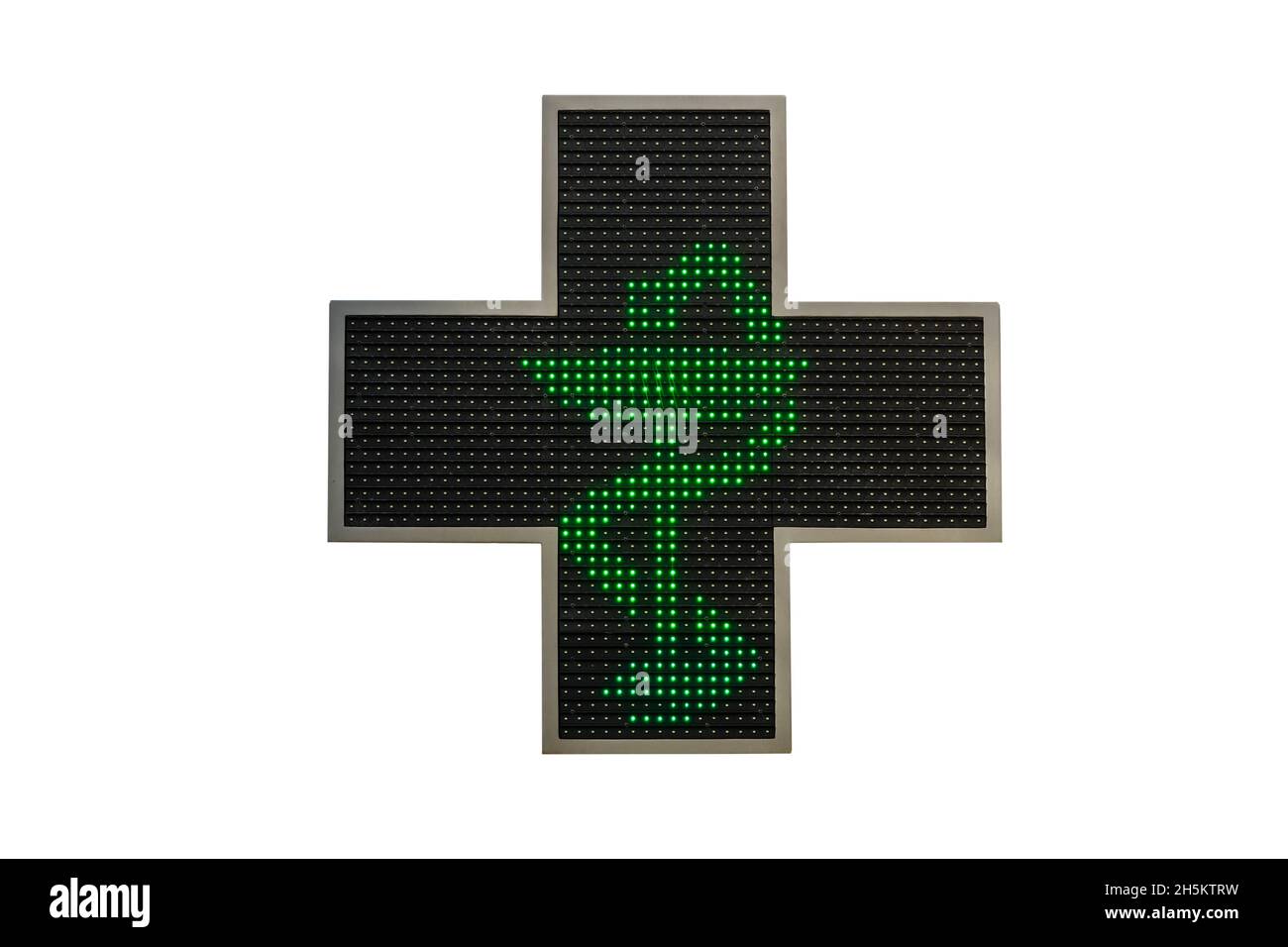 Croce elettronica di farmacia verde con il simbolo del serpente nella tazza di Hygieia isolato su sfondo bianco Foto Stock