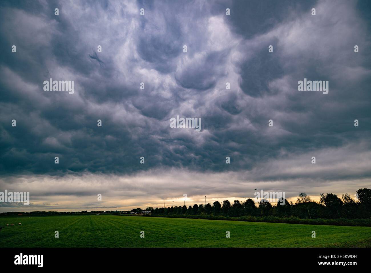 Cielo drammatico con nuvole di mammati o bolle sul bordo anteriore di un fronte freddo sopra la parte occidentale dell'Olanda Foto Stock