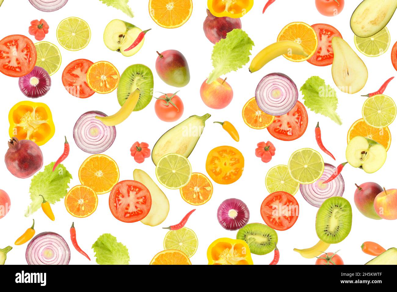 Modello senza giunture di verdure fresche e succose e frutta utili per la salute isolato su sfondo bianco. Foto Stock