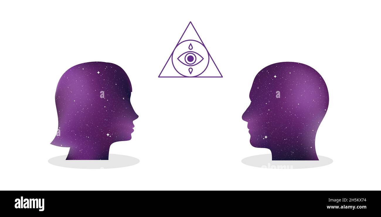 Ritratto uomo e donna in profilo. Concetto di discussione su occultismo, magia, mistero, stregoneria, alchimia. Trama universo. Simbolo esoterico. Vet Illustrazione Vettoriale