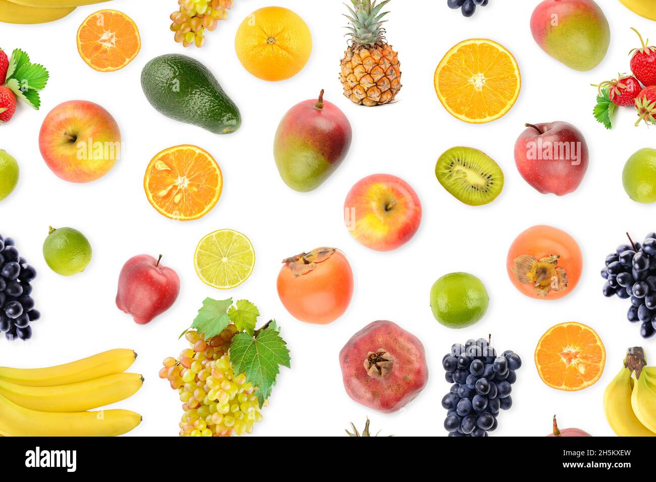 Modello senza giunture di verdure fresche e frutta utile per la salute isolato su sfondo bianco. Foto Stock