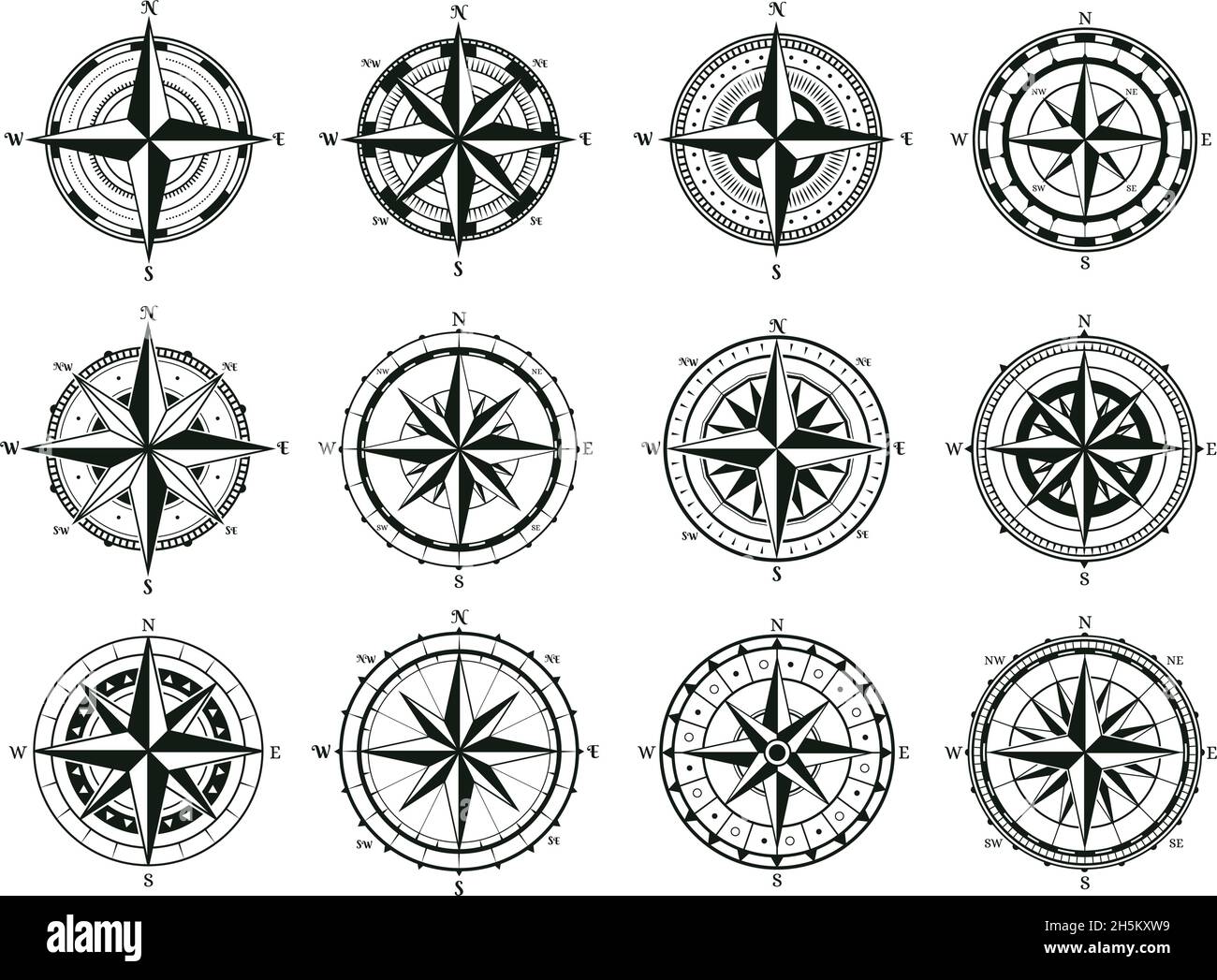 Bussola Vintage a vento rosa, bussola per skipper con navigazione in barca a mare. Vento di mare rosa vecchia navigazione marina bussola vettore simboli set. Nautica da diporto Illustrazione Vettoriale