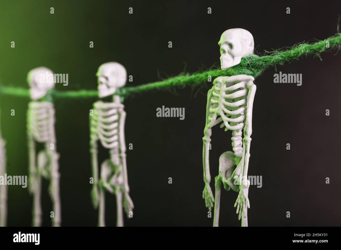 Gli scheletri decorativi sono appesi su una corda su uno sfondo cupo. Decorazione di Halloween Foto Stock