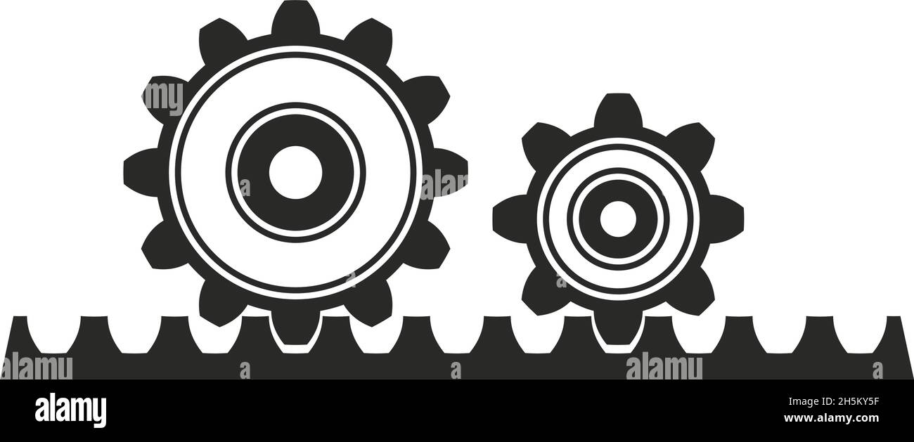 Ruota dentata con simbolo vettore a cremagliera su sfondo bianco isolato.  Barra a cremagliera con due ruote nere Thoothed in cooperazione Immagine e  Vettoriale - Alamy