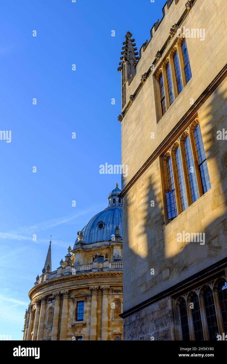 I raggi del sole adornano il lato del college All Souls e tra la Bodleian Library di Oxford bagnata dalla luce d'inverno dorata del mattino presto. Foto Stock