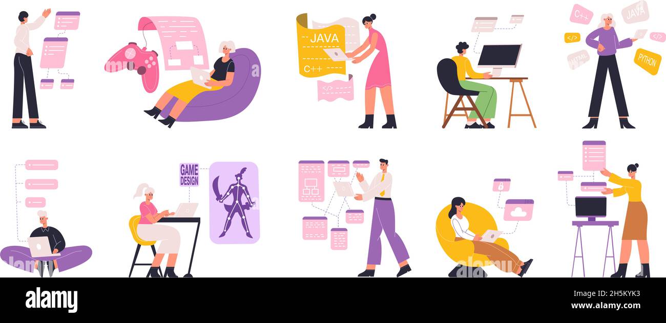 Programmatori, web, ingegneri software e designer di giochi. Web, sviluppo di giochi, script di codifica, software sviluppatori di set di illustrazioni vettoriali flat Illustrazione Vettoriale